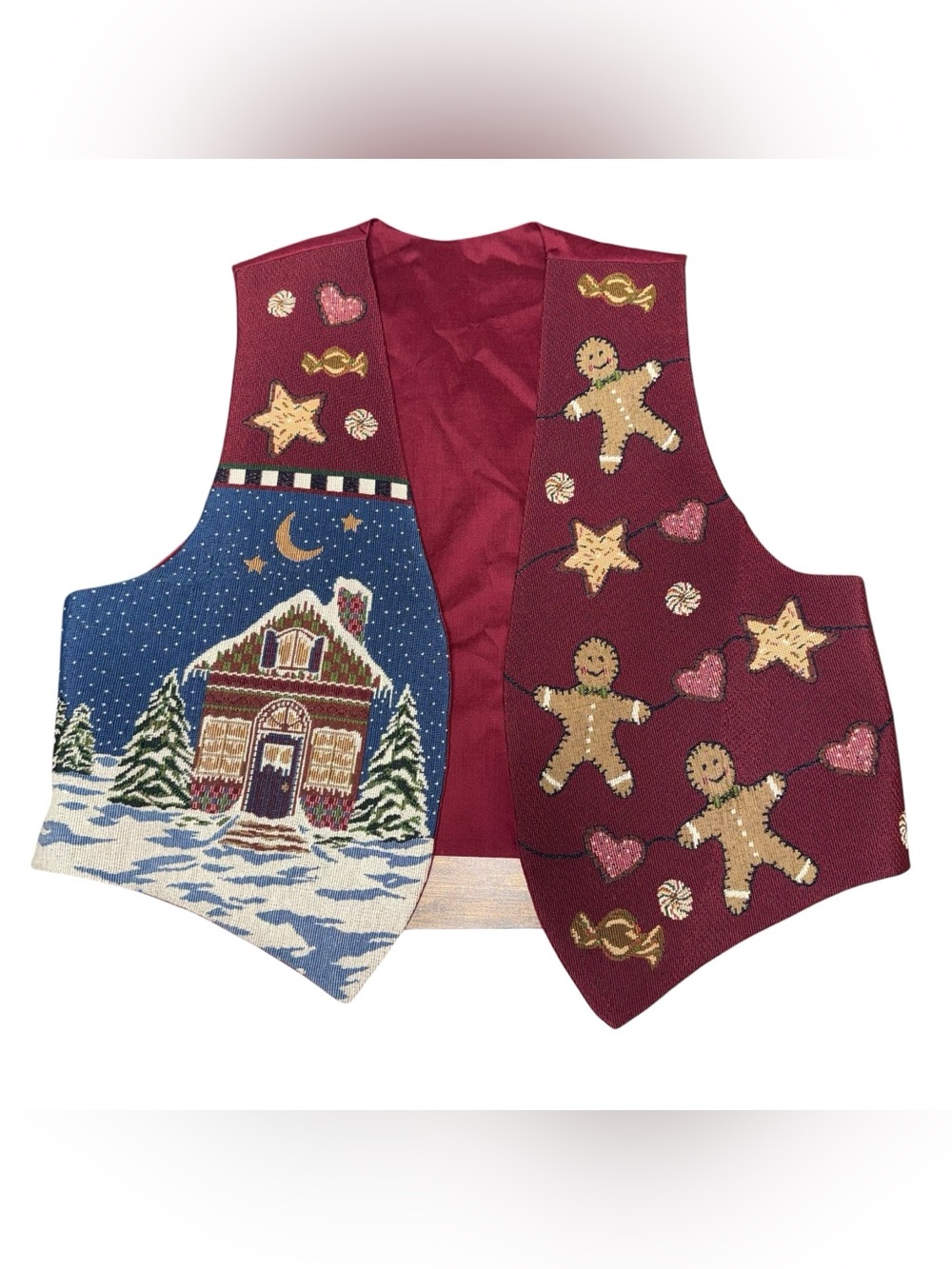 Handmade Homemade Holiday Tapestry Gingerbread & Snowy Cottage Vest Red OS